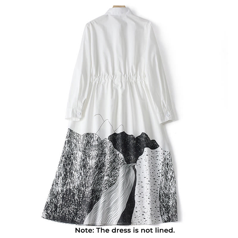 Abito midi in cotone con maniche lunghe, revers allacciati, tasche, stampa Buddha Stones, linee irregolari - image 11