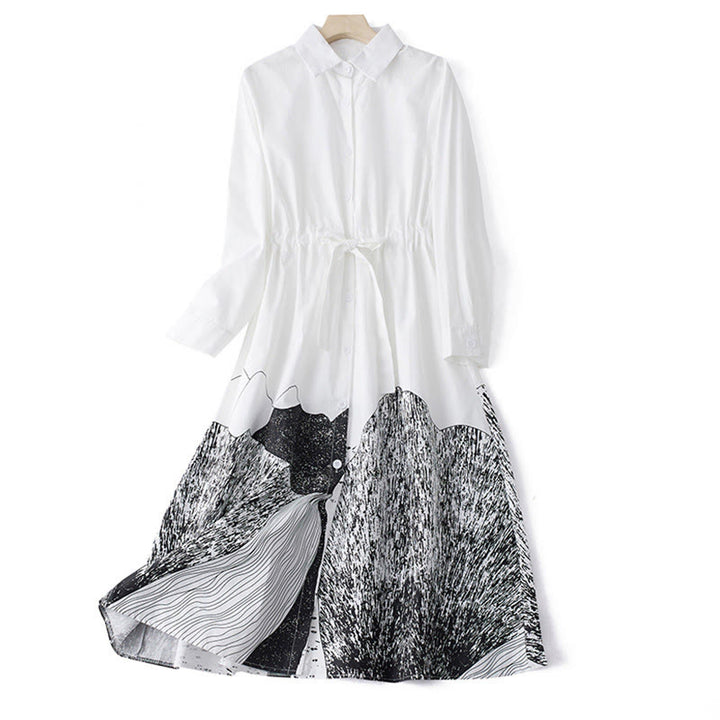 Abito midi in cotone con maniche lunghe, revers allacciati, tasche, stampa Buddha Stones, linee irregolari - Bianco - US8-10, UK/AU12-14, EU40-42 (2XL) - image 9