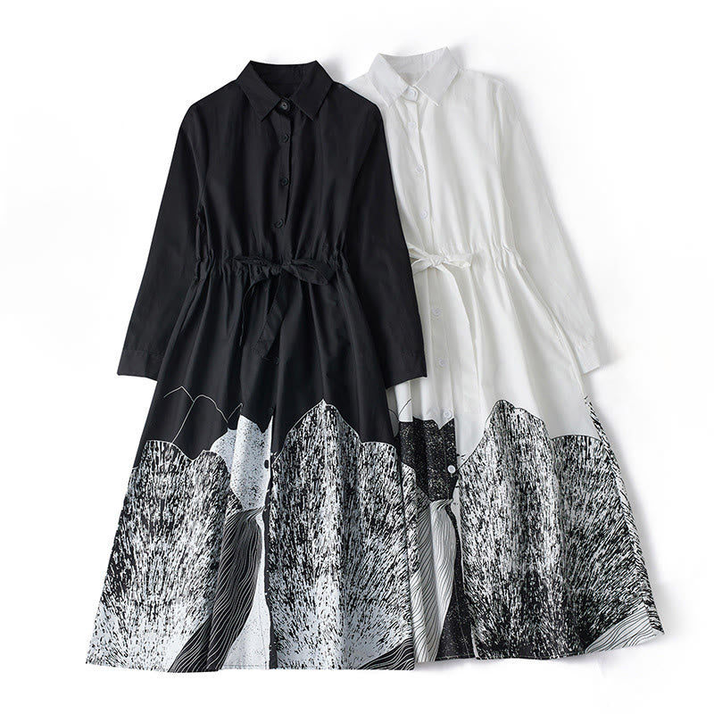 Abito midi in cotone con maniche lunghe, revers allacciati, tasche, stampa Buddha Stones, linee irregolari - image 15