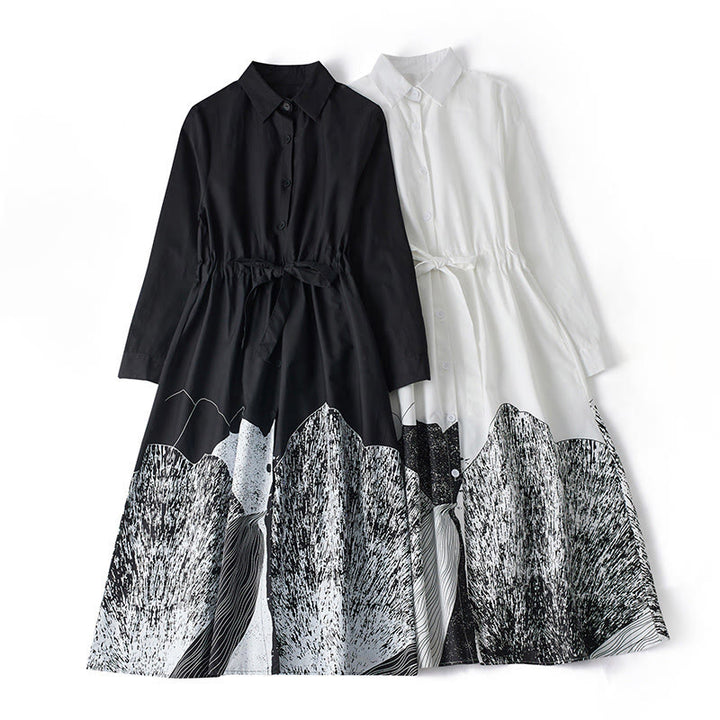 Abito midi in cotone con maniche lunghe, revers allacciati, tasche, stampa Buddha Stones, linee irregolari - image 15