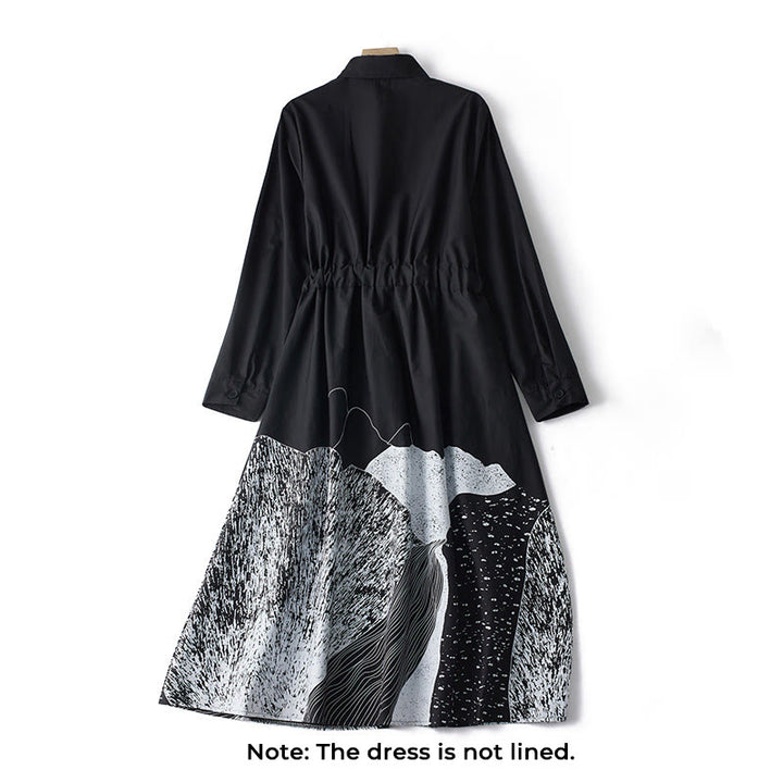 Abito midi in cotone con maniche lunghe, revers allacciati, tasche, stampa Buddha Stones, linee irregolari - image 1