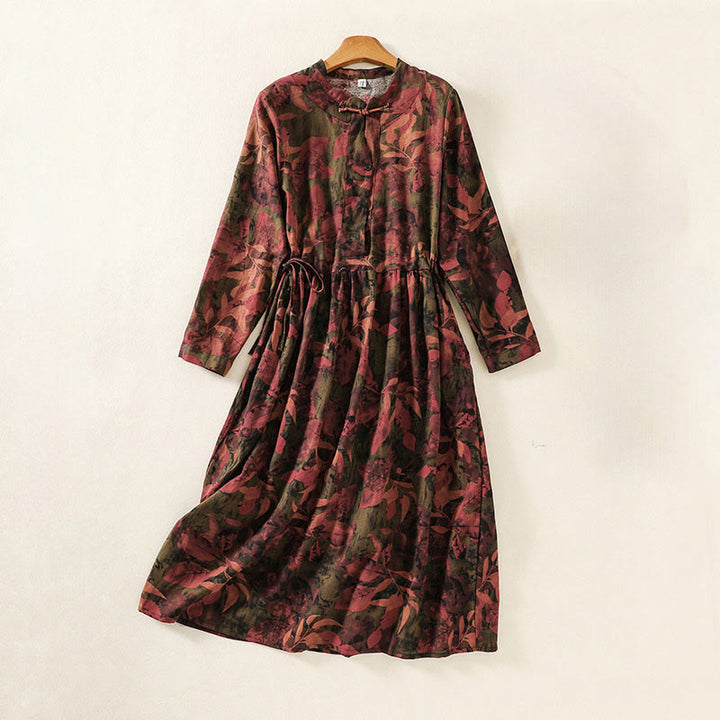 Abito midi in lino di cotone con maniche lunghe, coulisse, bottoni a rana e stampa di Buddha Stones con tasche - Marrone - US8-10, UK/AU12-14, EU40-42 (2XL) - image 9