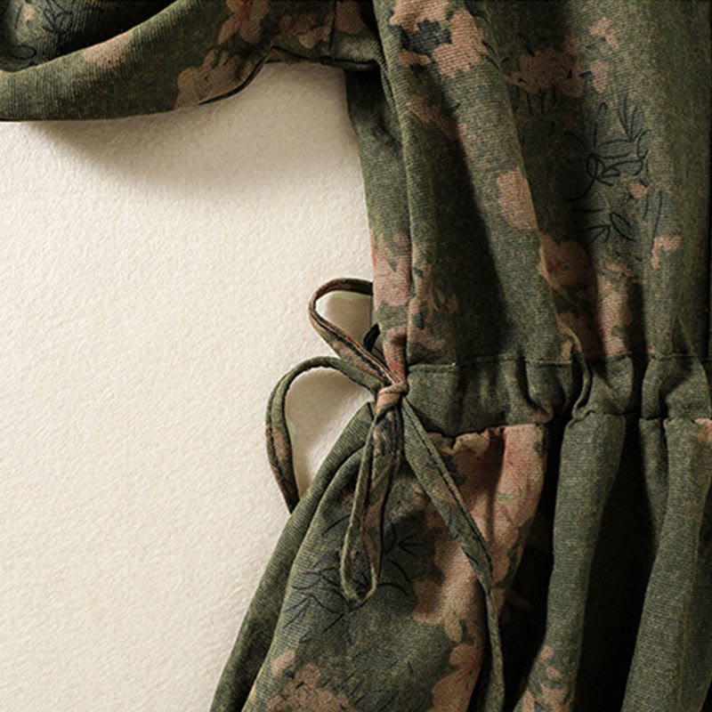 Abito midi in lino di cotone con maniche lunghe, coulisse, bottoni a rana e stampa di Buddha Stones con tasche - image 6