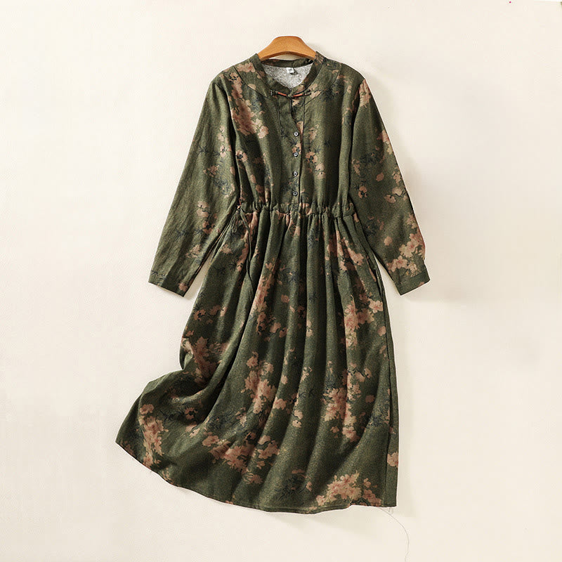 Abito midi in lino di cotone con maniche lunghe, coulisse, bottoni a rana e stampa di Buddha Stones con tasche - Verde oliva scuro - US8-10, UK/AU12-14, EU40-42 (2XL) - image 1