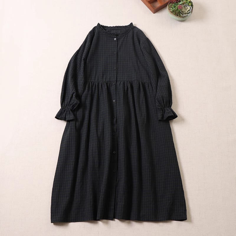 Abito midi in cotone e lino con maniche lunghe, bottoni semplici, motivo a quadri e tasche, motivo Buddha Stones - Plaid nero verde scuro - US8-10, UK/AU12-14, EU40-42 (2XL) - image 0