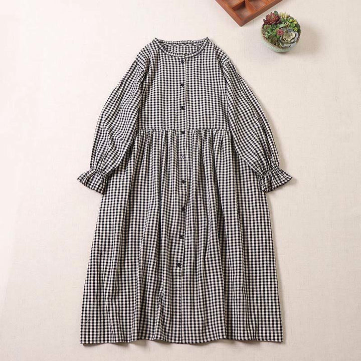Abito midi in cotone e lino con maniche lunghe, bottoni semplici, motivo a quadri e tasche, motivo Buddha Stones - Plaid bianco nero - US8-10, UK/AU12-14, EU40-42 (2XL) - image 6