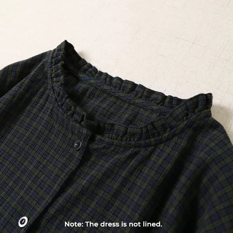 Abito midi in cotone e lino con maniche lunghe, bottoni semplici, motivo a quadri e tasche, motivo Buddha Stones - image 1