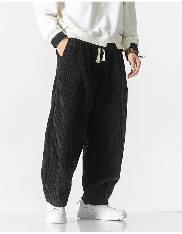 Pantaloni harem da uomo in velluto a coste con coulisse e tasche, stile retrò invernale, modello Buddha Stones - image 19