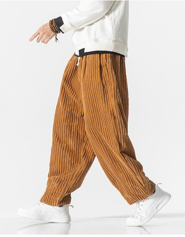 Pantaloni harem da uomo in velluto a coste con coulisse e tasche, stile retrò invernale, modello Buddha Stones - image 13
