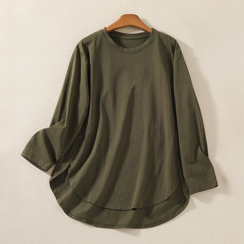 Maglietta casual da donna in puro cotone e lino con orlo irregolare e maniche lunghe Buddha Stones - Verde oliva scuro - US14, UK/AU18, EU46 (2XL) - image 1
