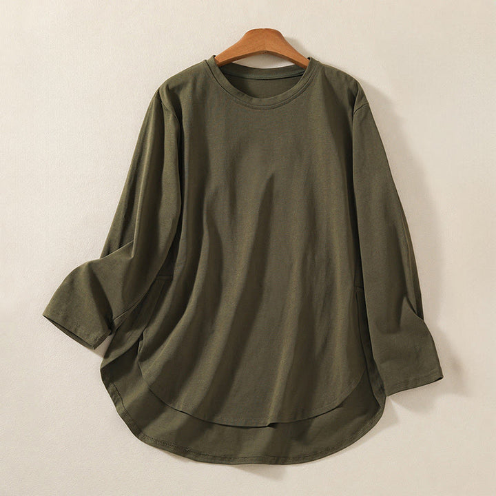 Maglietta casual da donna in puro cotone e lino con orlo irregolare e maniche lunghe Buddha Stones - Verde oliva scuro - US14, UK/AU18, EU46 (2XL) - image 1