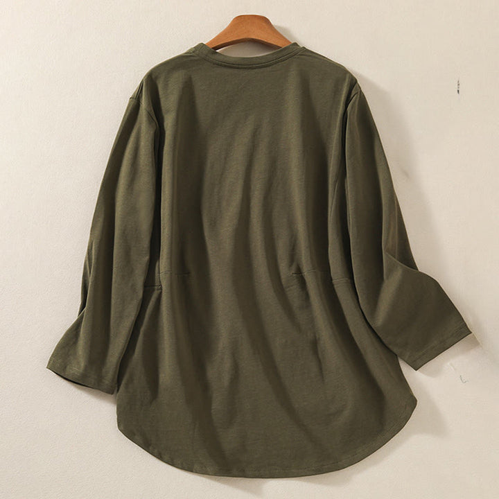 Maglietta casual da donna in puro cotone e lino con orlo irregolare e maniche lunghe Buddha Stones - image 1