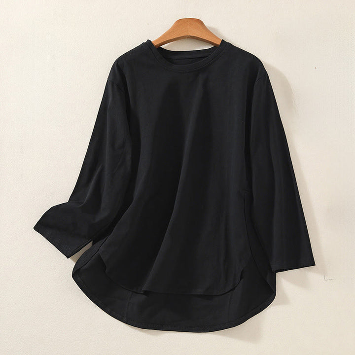 Maglietta casual da donna in puro cotone e lino con orlo irregolare e maniche lunghe Buddha Stones - Nero - US14, UK/AU18, EU46 (2XL) - image 8