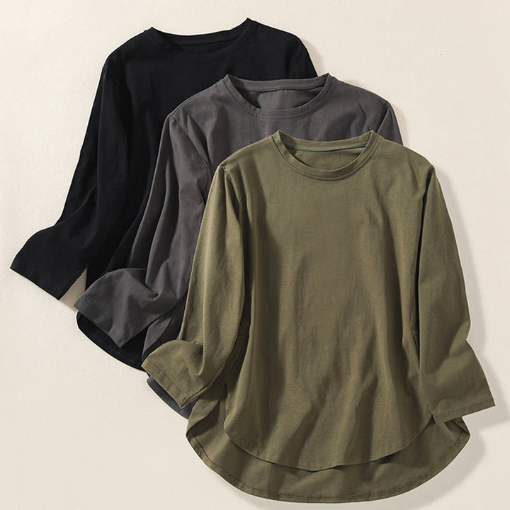 Maglietta casual da donna in puro cotone e lino con orlo irregolare e maniche lunghe Buddha Stones - image 19