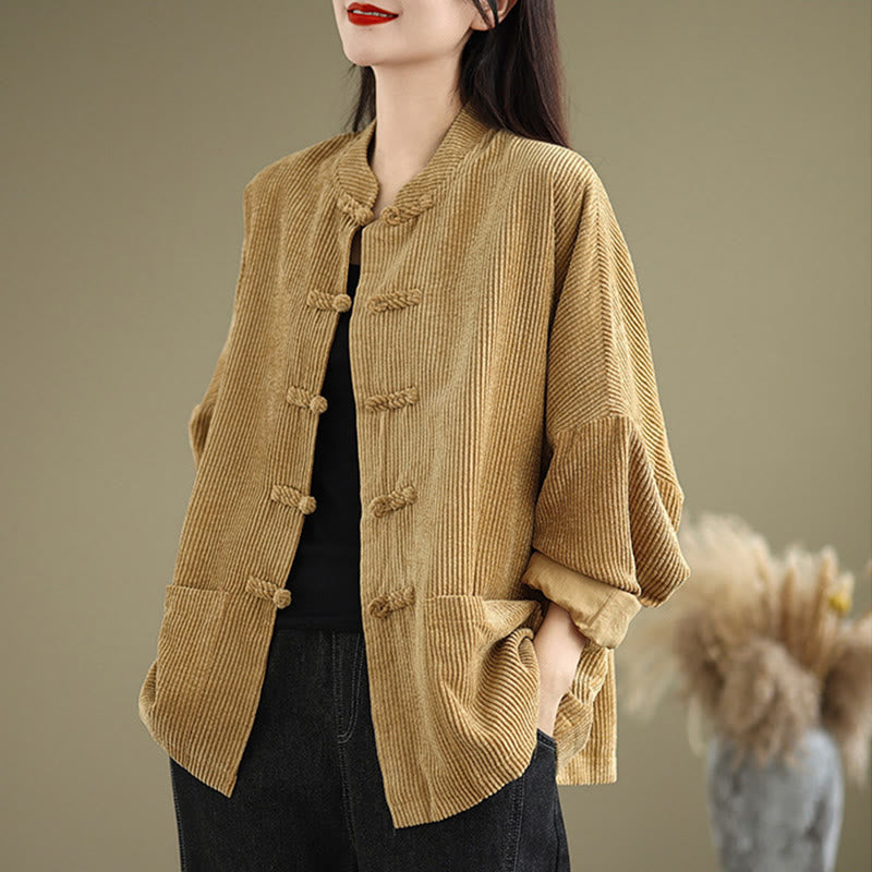 Giacca da donna in velluto a coste di cotone e lino con bottoni a rana e collo alto Buddha Stones - Verga d'oro - US14, UK/AU18, EU46 (2XL) - image 1