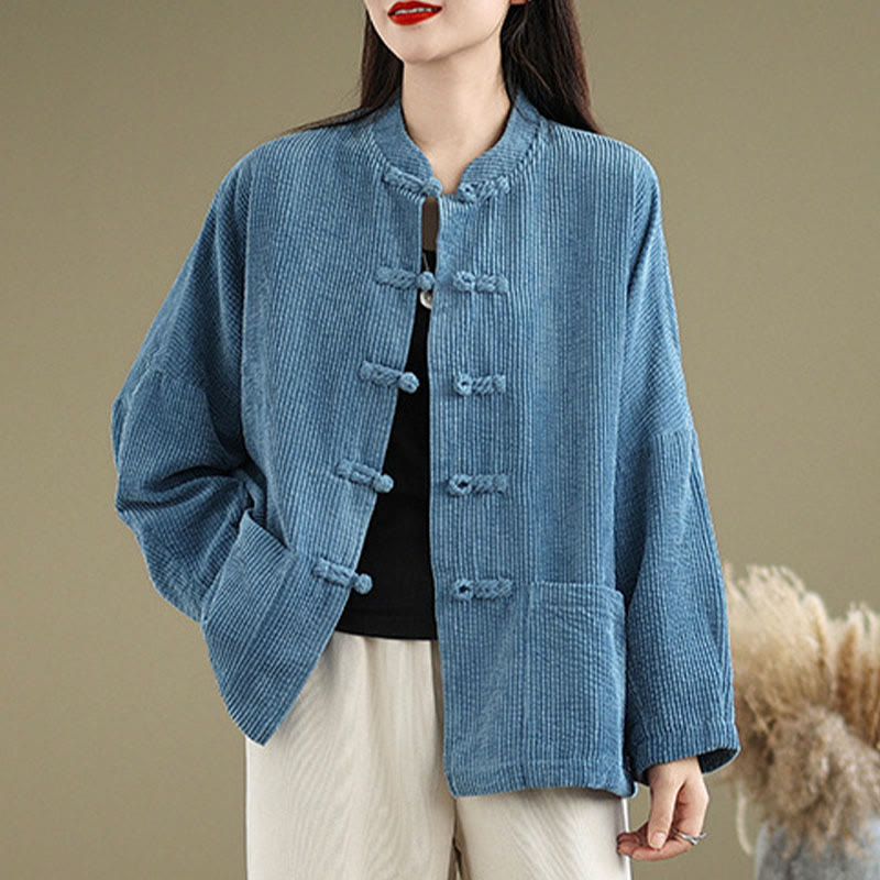 Giacca da donna in velluto a coste di cotone e lino con bottoni a rana e collo alto Buddha Stones - SteelBlue - US14, UK/AU18, EU46 (2XL) - image 16