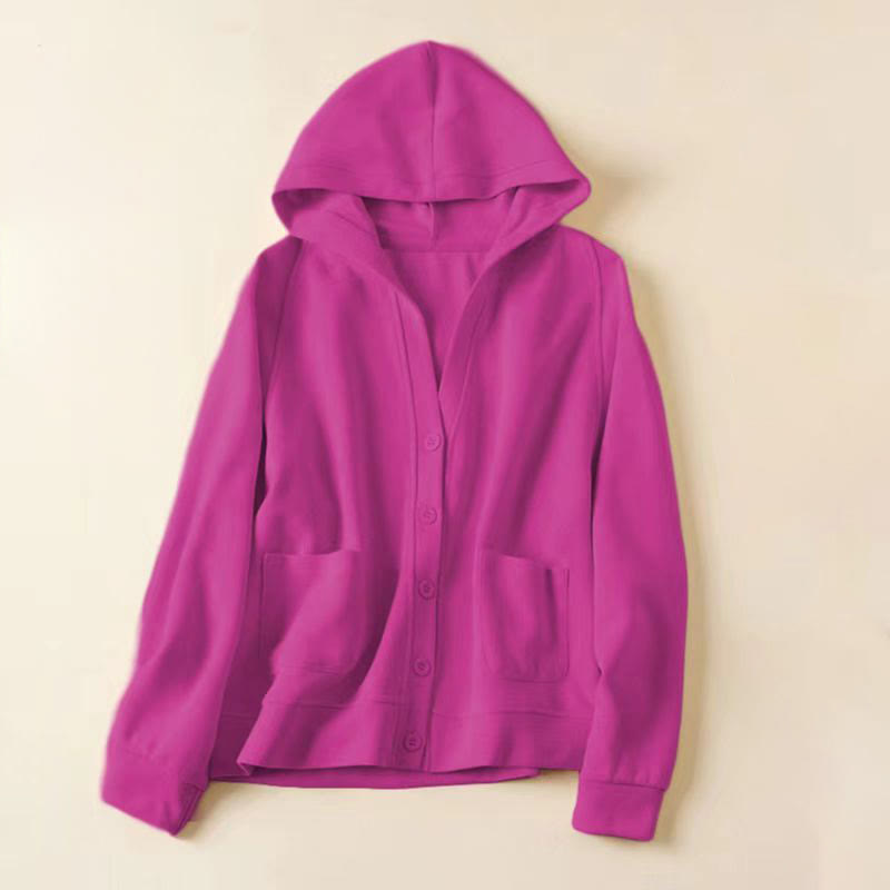 Giacca da donna in cotone con cappuccio e tasche, bottoni semplici, Buddha Stones - Rosso viola medio - US12, UK/AU16, EU44 (2XL) - image 22