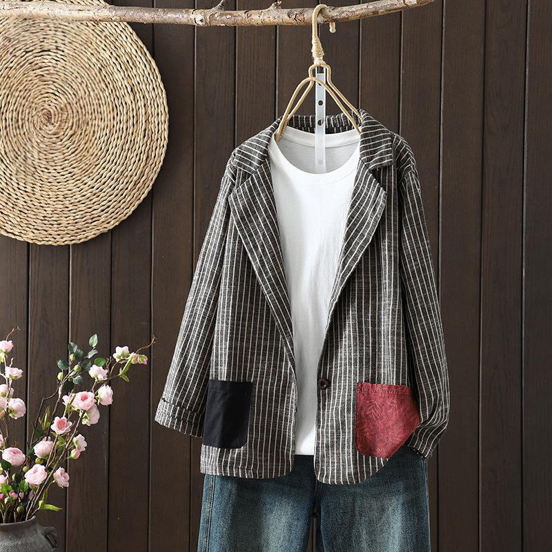 Giacca da donna in cotone e lino con tasche e strisce intrecciate Buddha Stones - Grigio scuro - US14, UK/AU18, EU46 (2XL) - image 1