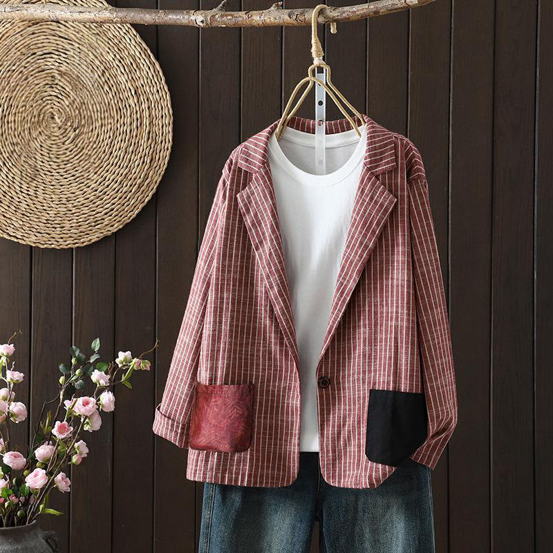 Giacca da donna in cotone e lino con tasche e strisce intrecciate Buddha Stones - IndianRed - US14, UK/AU18, EU46 (2XL) - image 7