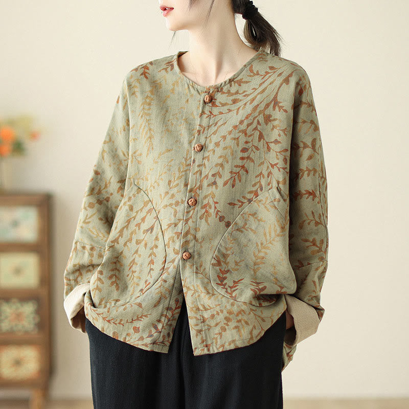 Giacca da donna in cotone e lino con stampa di foglie Buddha Stones e tasche - DarkKhaki - US14, UK/AU18, EU46 (2XL) - image 1