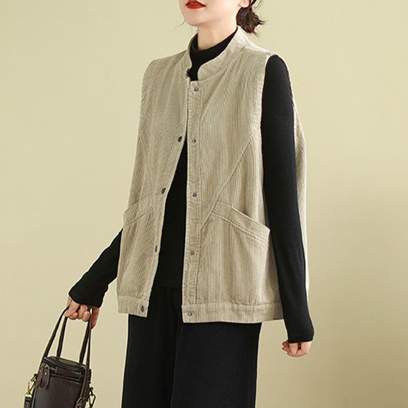 Gilet in velluto a coste di cotone Buddha Stones, senza maniche, da donna, con tasche - image 1