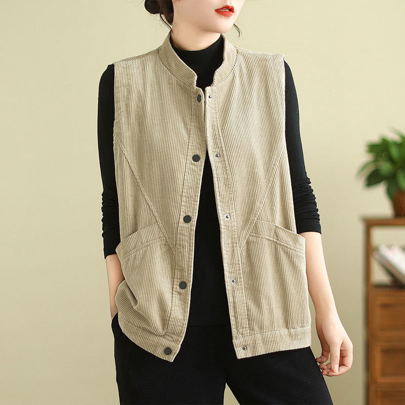 Gilet in velluto a coste di cotone Buddha Stones, senza maniche, da donna, con tasche - Beige - US12, UK/AU16, EU44 (2XL) - image 1