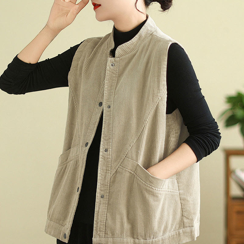 Gilet in velluto a coste di cotone Buddha Stones, senza maniche, da donna, con tasche - image 2