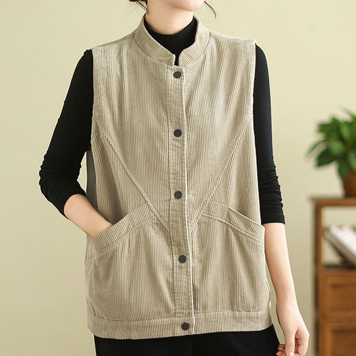 Gilet in velluto a coste di cotone Buddha Stones, senza maniche, da donna, con tasche - image 5
