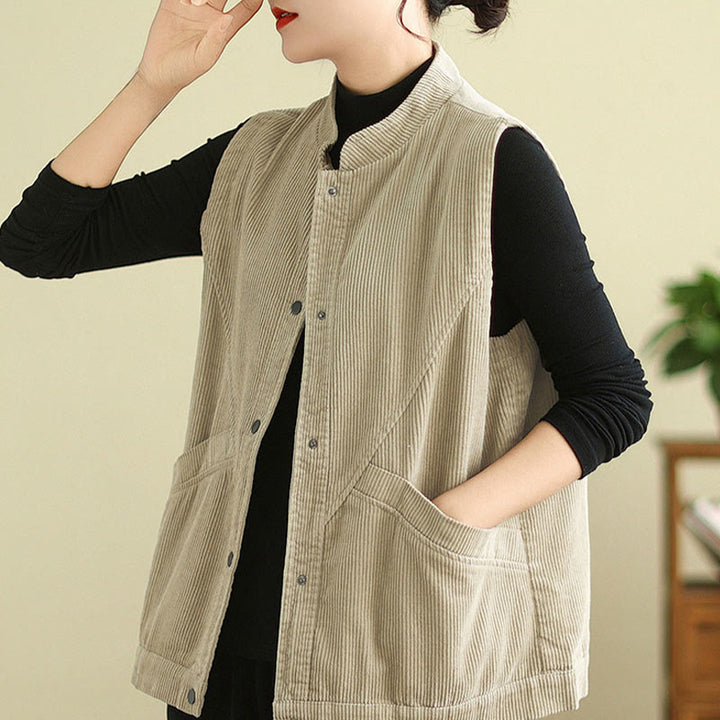 Gilet in velluto a coste di cotone Buddha Stones, senza maniche, da donna, con tasche - image 3