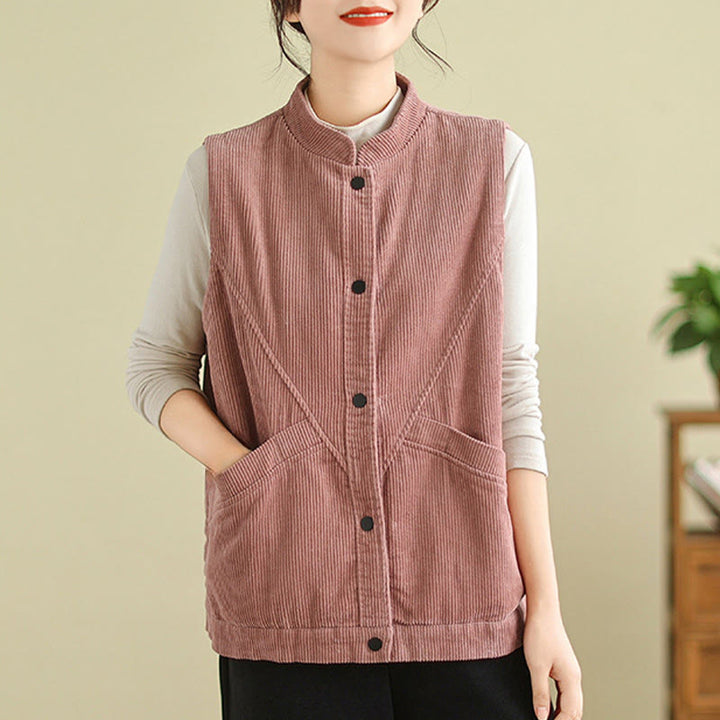Gilet in velluto a coste di cotone Buddha Stones, senza maniche, da donna, con tasche - image 11