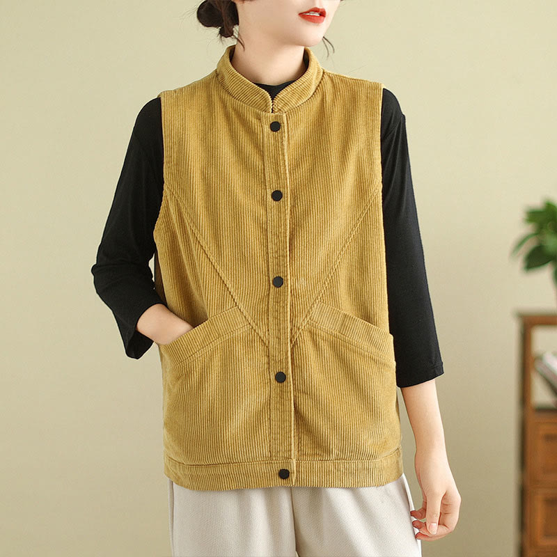 Gilet in velluto a coste di cotone Buddha Stones, senza maniche, da donna, con tasche - Verga d'oro - US12, UK/AU16, EU44 (2XL) - image 14