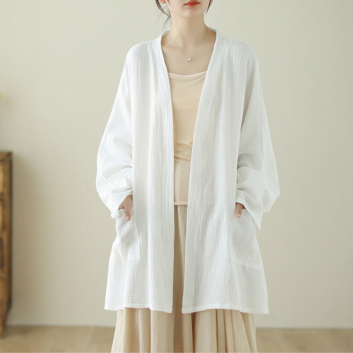 Giacca da meditazione Zen in cotone e lino con maniche lunghe e tasche, motivo Buddha Stones - Bianco - US12, UK/AU16, EU44 (XL) - image 8
