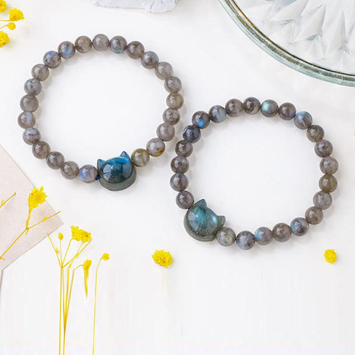 Braccialetto di guarigione con testa di gatto carino in labradorite naturale Buddha Stones - image 4