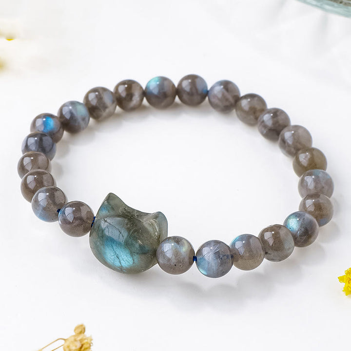 Braccialetto di guarigione con testa di gatto carino in labradorite naturale Buddha Stones - Labradorite (circonferenza del polso: 15-16 cm) - image 1