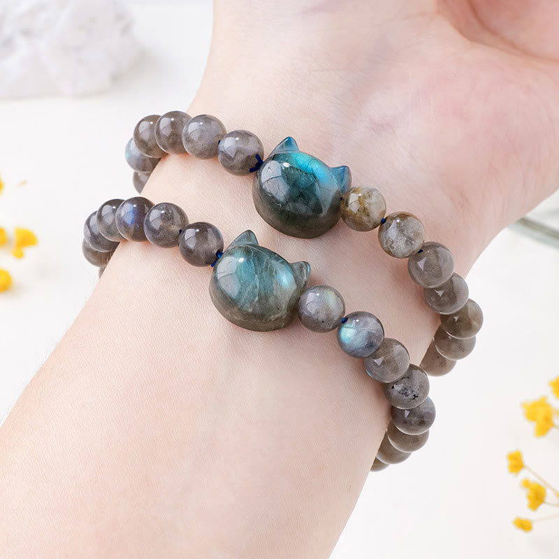 Braccialetto di guarigione con testa di gatto carino in labradorite naturale Buddha Stones - image 5