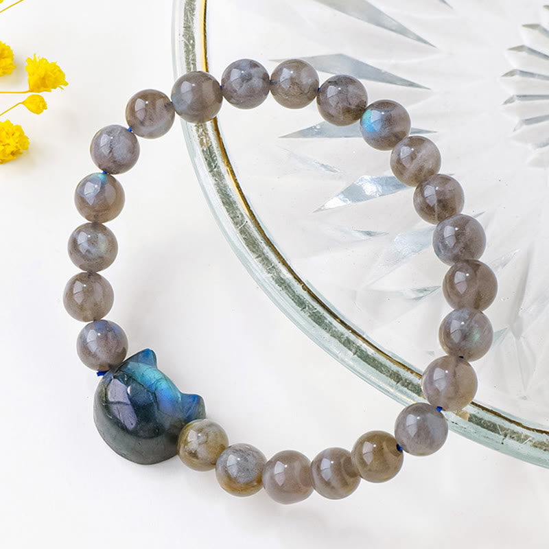 Braccialetto di guarigione con testa di gatto carino in labradorite naturale Buddha Stones - image 3