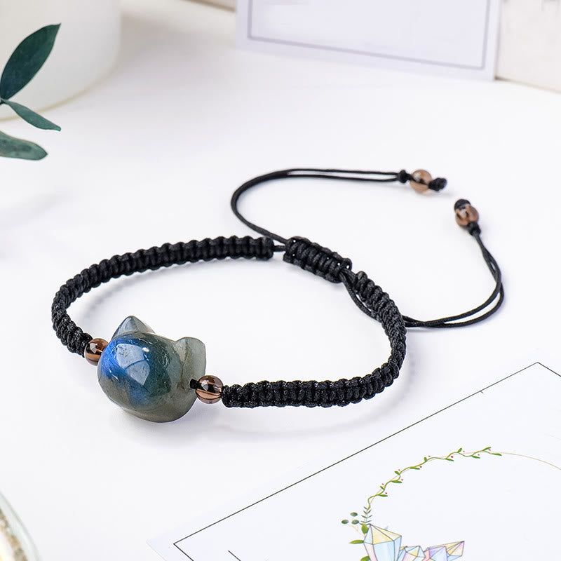 Braccialetto curativo in corda nera con testa di gatto e labradorite naturale Buddha Stones - Labradorite (circonferenza del polso: 15-21 cm) - image 1