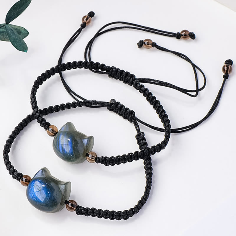 Braccialetto curativo in corda nera con testa di gatto e labradorite naturale Buddha Stones - image 3