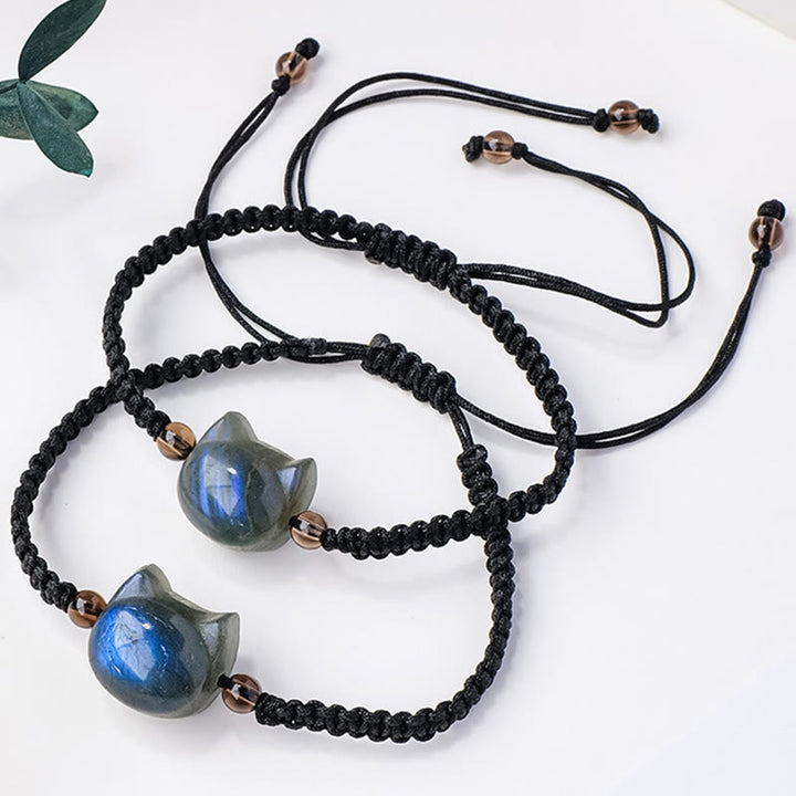 Braccialetto curativo in corda nera con testa di gatto e labradorite naturale Buddha Stones - image 3