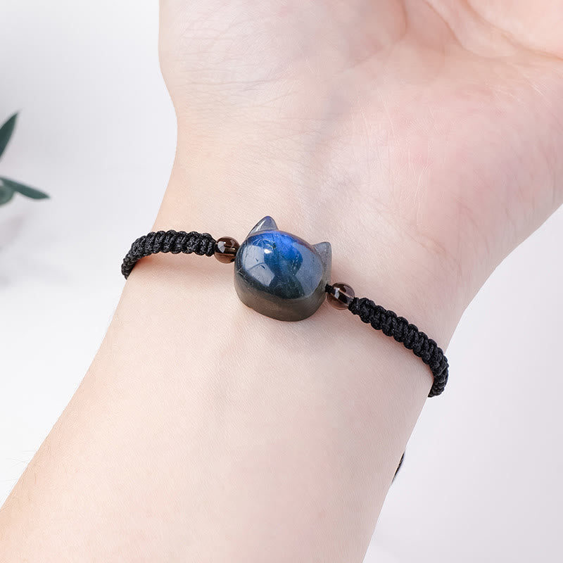 Braccialetto curativo in corda nera con testa di gatto e labradorite naturale Buddha Stones - image 4