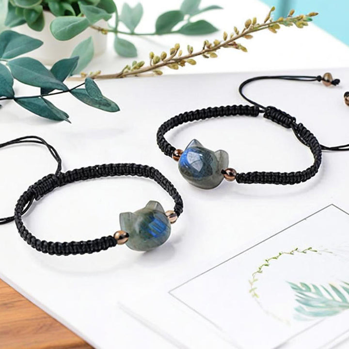 Braccialetto curativo in corda nera con testa di gatto e labradorite naturale Buddha Stones - image 2