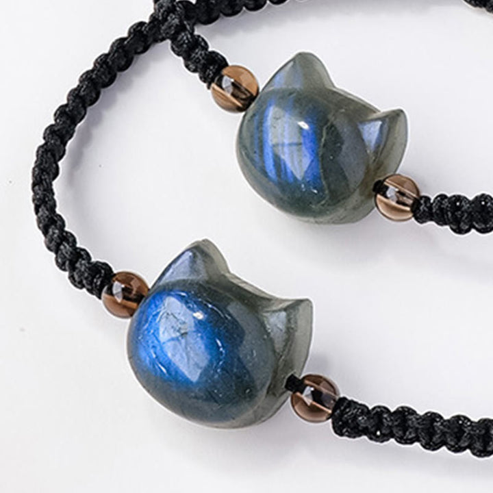 Braccialetto curativo in corda nera con testa di gatto e labradorite naturale Buddha Stones - image 5
