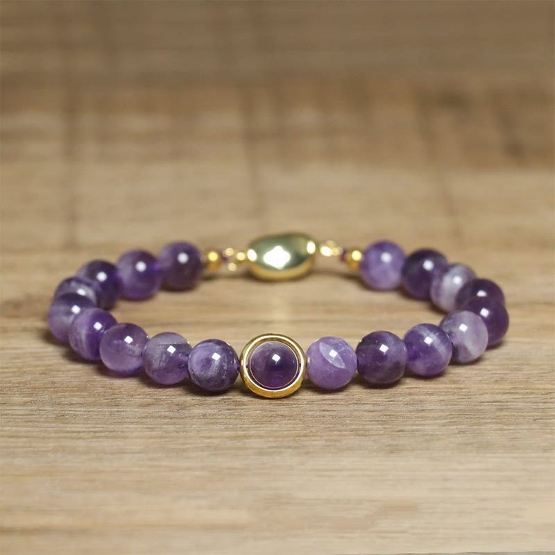 Bracciale con fibbia in perle di ametista naturale Buddha Stones Balance Releasing Stress - Fibbia in ametista e oro (circonferenza del polso: 14-16 cm) - image 1
