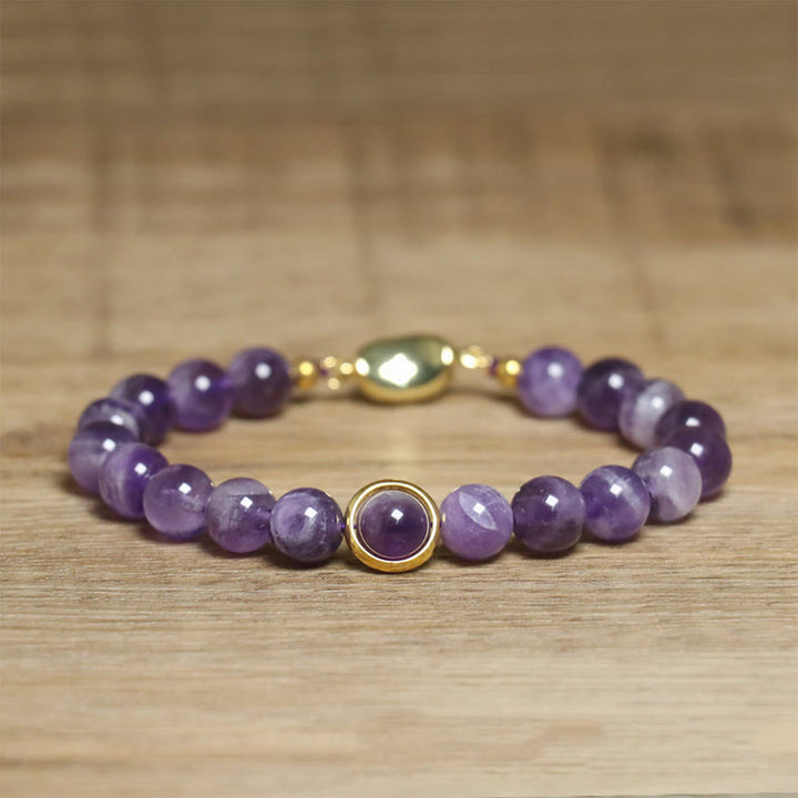 Bracciale con fibbia in perle di ametista naturale Buddha Stones Balance Releasing Stress - Fibbia in ametista e oro (circonferenza del polso: 14-16 cm) - image 1