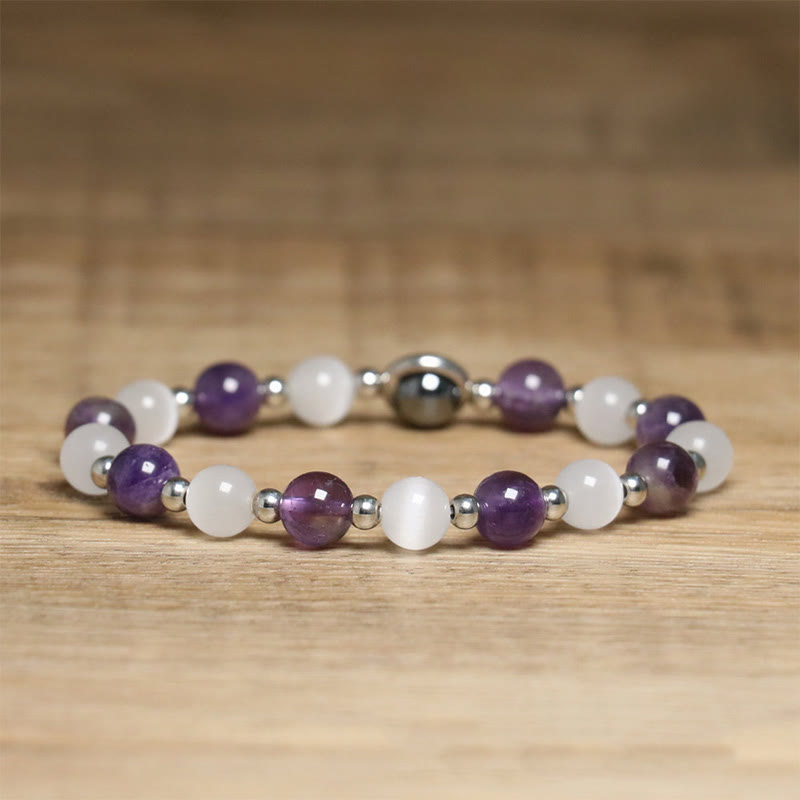 Braccialetto di equilibrio con perle di occhio di gatto bianco e ametista naturale Buddha Stones - image 2