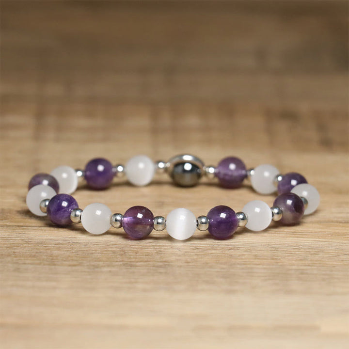 Braccialetto di equilibrio con perle di occhio di gatto bianco e ametista naturale Buddha Stones - image 2