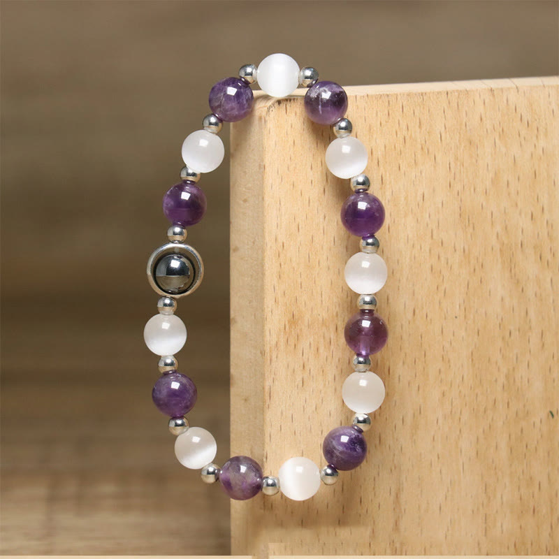 Braccialetto di equilibrio con perle di occhio di gatto bianco e ametista naturale Buddha Stones - image 5