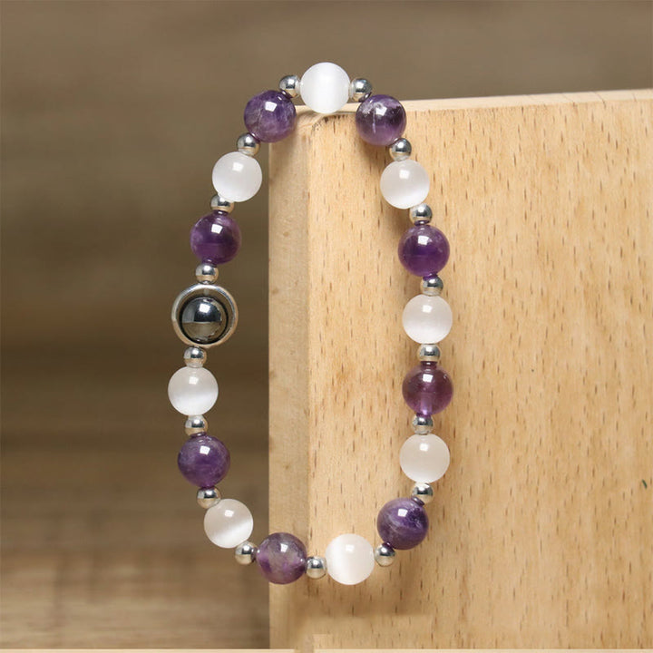 Braccialetto di equilibrio con perle di occhio di gatto bianco e ametista naturale Buddha Stones - image 5