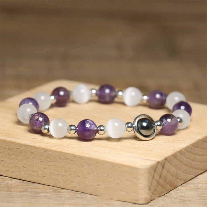 Braccialetto di equilibrio con perle di occhio di gatto bianco e ametista naturale Buddha Stones - image 4