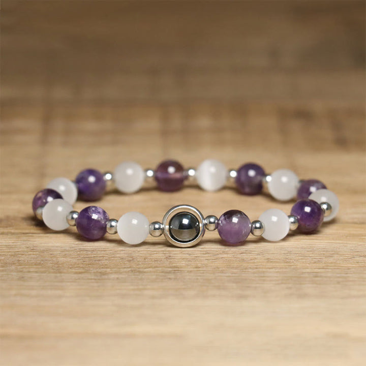 Braccialetto di equilibrio con perle di occhio di gatto bianco e ametista naturale Buddha Stones - Ametista e occhio di gatto bianco (circonferenza del polso: 15-17 cm) - image 1